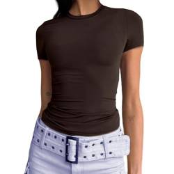 Damen Casual Basic Going Out Crop Tops Slim Fit Kurzarm Rundhals Enge T-Shirts, dunkelbraun, Groß von Abardsion