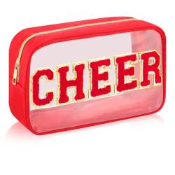 Abbylike Cheer Kosmetiktasche mit Reißverschluss, Chenille-Patch, Cheerleader-Geschenke, adrette Cheerleader-Geschenke, handgefertigt, Kulturbeutel für Frauen und Mädchen, Rot/Ausflug, einfarbig von Abbylike