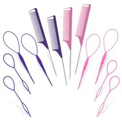 Abeillo 12-teiliges Haarschwanz-Werkzeug-Set mit 4 Scheitelkamm, 8 Metallstiften, Rattenkamm, Haarflecht-Werkzeuge, Haarstyling-Zubehör (lila + pink) von Abeillo