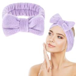 Spa Bowknot Stirnband Damen Spa Haarband Kosmetik, Coral Fleece Makeup Haarbänder Elastic, Cosmetic Stirnband Breitkrempe Korallenvlies Waschen Gesicht Kopfwickel für Dusche Hautpflege Sport(Violett) von Abeillo