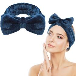 Spa Bowknot Stirnband Damen Spa Haarband Kosmetik, Coral Fleece Makeup Haarbänder Elastic, Cosmetic Stirnband Breitkrempe Korallenvlies Waschen Gesicht Kopfwickel für Dusche Hautpflege Sport(Blau) von Abeillo