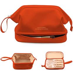 Große Kapazität Make-up Tasche Damen Kosmetiktasche Reisetasche mit Fächern Tragbare PU Leder Reise Make-up Tasche mit Griff, Orange, Leichtgewichtig von Abiudeng