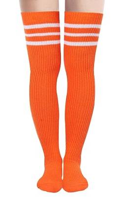 Abodhu Damen Oberschenkelhohe Socken, Overknee-Socken für Frauen, gestreifte Strickstrümpfe, Cosplay-Freizeitsocken, Hellorange, weiße Streifen, Einheitsgröße von Abodhu