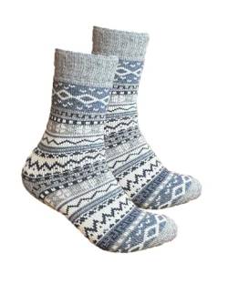 Abolengo de Alpaca Alpaka Socken Miraflores, kuschelig weich mit schönem Muster in drei Größen, 35-38, hellgrau mit blau von Abolengo de Alpaca