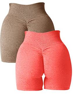 Abonlen Damen Scrunch Nahtlose 2-teilige Workout-Shorts Hohe Taille Yoga Shorts Gym Laufen Athletic Biker Shorts, Braun-Orange-Rot, Klein von Abonlen