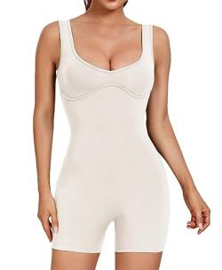 Abonlen Sweetheart Ausschnitt Strampler für Frauen Einteiler Jumpsuits Shorts Rückenfreies Top Ärmellos Bodysuit, Cremefarben/Weiß, Small von Abonlen