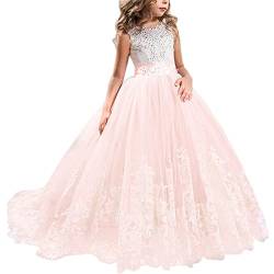 Absead Mädchen Lang Festzug Hochzeit Kleider Kinder Abschlussball Geschwollen Tüll Ball Kleid Größe 130(6 Jahre,Rosa) von Absead