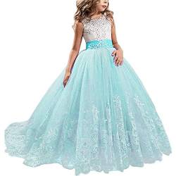 Absead Mädchen Lang Festzug Hochzeit Kleider Kinder Abschlussball Geschwollen Tüll Ball Kleid Größe 160(11-12 Jahre,Blau) von Absead