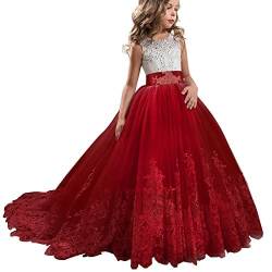 Absead Mädchen Lang Festzug Hochzeit Kleider Kinder Abschlussball Geschwollen Tüll Ball Kleid Größe 170(13-14 Jahre,Rot) von Absead