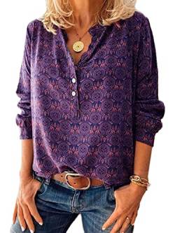 Abtel Damen Bluse Blumendruck Elegant Langarmshirt V-Ausschnitt Longshirt Tunika Baggy Oberteile mit Knöpfen Hemdbluse Tshirts Violett XXL von Abtel