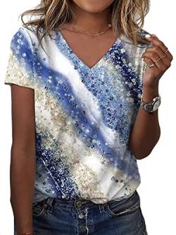 Abtel Damen Elegant Tshirt V-Ausschnitt Blumendruck T Shirt Sommer Kurzarm Oberteile Lässig Locker T-Shirts Mädchen Pullover Tunika Blusen Blau L von Abtel