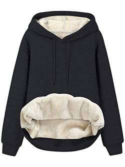 Abtel Damen-Fleece-Sweatshirt mit Kapuze Einfarbig Kordelzug Dickes Pullover Langarm Herbst Winter Sport Kapuze Vlies Sherpa Gefüttert Sweatshirts Schwarz XXL von Abtel