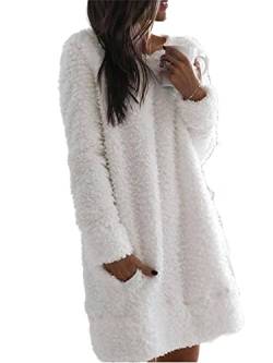 Abtel Damen Fuzzy Fleece Kleid Rundhalsausschnitt Langarm Plüschkleid Winter Warme Dickes Pulloverkleid Slouchy Kurze Minikleider Weiß XL von Abtel
