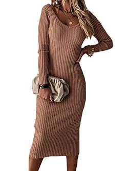 Abtel Damen Gestricktes V-Ausschnitt Midikleid Damen Geripptes Schlankes Pulloverkleid Strick Rückenfrei Bodycon Stretch Pullover Kleider Braun S von Abtel