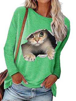 Abtel Damen Langarmshirt Oberteil 3D Katze Drucken Langarm Shirt Rundhals Lose Longsleeve T-Shirt Lässig Pullover Sweatshirt Women Grün 4XL von Abtel