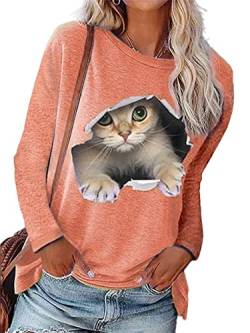 Abtel Damen Langarmshirt Oberteil 3D Katze Drucken Langarm Shirt Rundhals Lose Longsleeve T-Shirt Lässig Pullover Sweatshirt Women Rosa L von Abtel