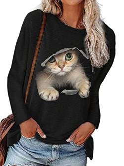 Abtel Damen Langarmshirt Oberteil 3D Katze Drucken Langarm Shirt Rundhals Lose Longsleeve T-Shirt Lässig Pullover Sweatshirt Women Schwarz XXL von Abtel