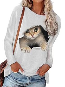 Abtel Damen Langarmshirt Oberteil 3D Katze Drucken Langarm Shirt Rundhals Lose Longsleeve T-Shirt Lässig Pullover Sweatshirt Women Weiß M von Abtel