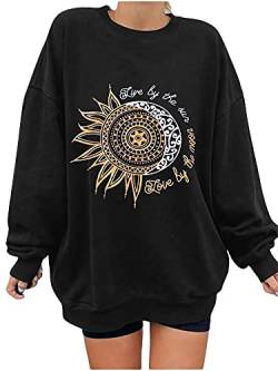 Abtel Damen Sonnenblume Smiley Printed Muster Lässig Rundhalsausschnitt Langarm Winter Pullover Top Loses Sweatshirt M Schwarze Sonnenblume von Abtel