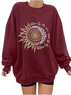 Abtel Damen Sonnenblume Smiley Printed Muster Lässig Rundhalsausschnitt Langarm Winter Pullover Top Loses Sweatshirt S Burgunder Sonnenblume von Abtel