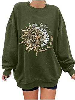 Abtel Damen Sonnenblume Smiley Printed Muster Lässig Rundhalsausschnitt Langarm Winter Pullover Top Loses Sweatshirt XXL Armeegrüne Sonnenblume von Abtel