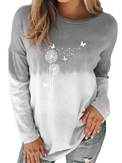 Abtel Damen Sweatshirt Löwenzahn Druck Langarm Rundhals Pullover Tops Gradient Loose Pullover Langarm Herbst Tunika Bluse Grau M von Abtel