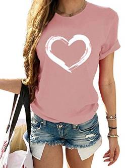 Abtel Damen T-Shirt Herz Baumwollhemd Kurzarm Rundhals Sommer Tops Klassisches T-Shirt 1# Rosa S von Abtel