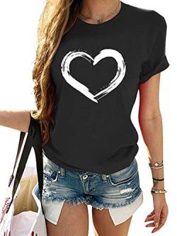 Abtel Damen T-Shirt Herz Baumwollhemd Kurzarm Rundhals Sommer Tops Klassisches T-Shirt 1# Schwarz XL von Abtel