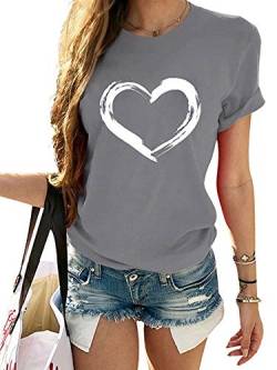 Abtel Damen Tshirt Herz Baumwolle T Shirt Rundhals T-Shirt Kurzarm Oberteile Sommer T-Shirts Grau XXL von Abtel