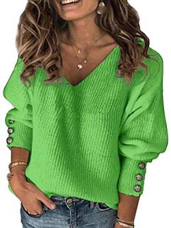 Abtel Damen lockerer Strickpullover Herbstpullover V Ausschnitt Langarm mit Knopfdetail Damen Casual Lose Pullover Einfarbig Pullover Tops Winterpullover Sweatshirt Grün S von Abtel