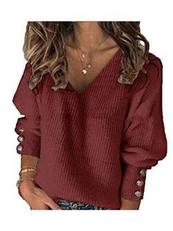 Abtel Damen lockerer Strickpullover Herbstpullover V Ausschnitt Langarm mit Knopfdetail Damen Casual Lose Pullover Einfarbig Pullover Tops Winterpullover Sweatshirt Rotwein M von Abtel