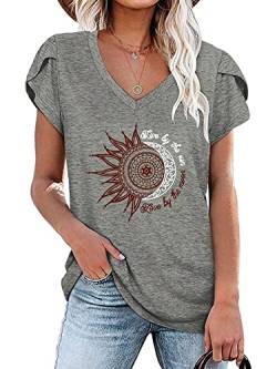 Abtel Frauen Kurzarm T-Shirt Sunflower Print Muster Blütenblatt Ärmel T-Shirt Grundlegend Lose T-Shirt Lässig Pullover Tägliche Kleidung Tunika T-Shirt 4# Grau 3XL von Abtel