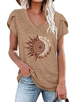 Abtel Frauen Kurzarm T-Shirt Sunflower Print Muster Blütenblatt Ärmel T-Shirt Grundlegend Lose T-Shirt Lässig Pullover Tägliche Kleidung Tunika T-Shirt 4# Khaki L von Abtel