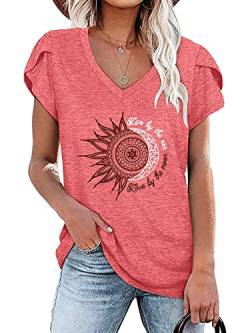 Abtel Frauen Kurzarm T-Shirt Sunflower Print Muster Blütenblatt Ärmel T-Shirt Grundlegend Lose T-Shirt Lässig Pullover Tägliche Kleidung Tunika T-Shirt 4# Rosa L von Abtel