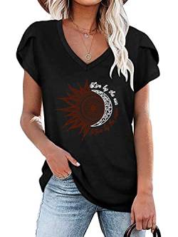 Abtel Frauen Kurzarm T-Shirt Sunflower Print Muster Blütenblatt Ärmel T-Shirt Grundlegend Lose T-Shirt Lässig Pullover Tägliche Kleidung Tunika T-Shirt 4# Schwarz L von Abtel