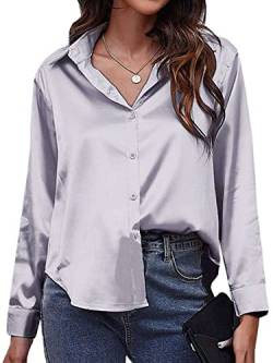 Abtel Freizeitbluse Damen Satin Gebogenen Saum Hemden Elegante Baggy Langarm Button Down Shirts Revers Hals Arbeit Urlaub Oberteile Grau L von Abtel