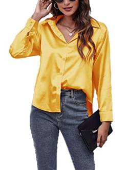 Abtel Freizeitbluse Damen Satin Gebogenen Saum Hemden Elegante Baggy Langarm Button Down Shirts Revers Hals Arbeit Urlaub Oberteile Ingwer XL von Abtel