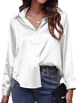 Abtel Freizeitbluse Damen Satin Gebogenen Saum Hemden Elegante Baggy Langarm Button Down Shirts Revers Hals Arbeit Urlaub Oberteile Weiß M von Abtel