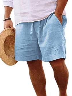 Abtel Kurze Hosen Herren Baumwolle Leinen Shorts Sommer Kurze Hose Stretch Baggy Bermuda Shorts mit Taschen Kordelzug Freizeithose Cargo Shorts Hellblau 3XL von Abtel