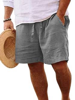 Abtel Kurze Hosen Herren Baumwolle Leinen Shorts Sommer Kurze Hose Stretch Baggy Bermuda Shorts mit Taschen Kordelzug Freizeithose Cargo Shorts Hellgrau 3XL von Abtel