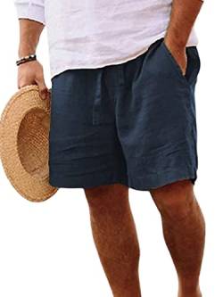 Abtel Kurze Hosen Herren Baumwolle Leinen Shorts Sommer Kurze Hose Stretch Baggy Bermuda Shorts mit Taschen Kordelzug Freizeithose Cargo Shorts Marine 3XL von Abtel