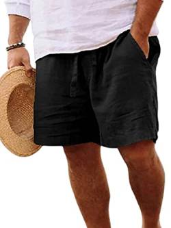 Abtel Kurze Hosen Herren Baumwolle Leinen Shorts Sommer Kurze Hose Stretch Baggy Bermuda Shorts mit Taschen Kordelzug Freizeithose Cargo Shorts Schwarz 3XL von Abtel