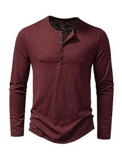 Abtel Langarmshirt Herren Henley Shirt Baumwolle Hemd Langarm Basic Longshirt Longsleeve T-Shirt für Männer Freizeithemd Regular Fit Shirts Rotwein XL von Abtel