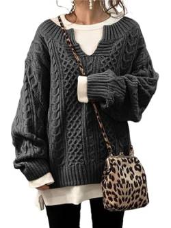 Abtel Pullover Damen Winter Eingekerbter V-Ausschnitt Lockerer Pullover mit Zopfmuster und Oberbekleidung Grau L von Abtel