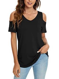 Abtel Sommer Damen T-Shirt Kalte Schulter Kurzarm V-Ausschnitt Basic Kurzarm Lose T-Shirt Lässig Kurzarm Urlaub Top 3#Schwarz XL von Abtel