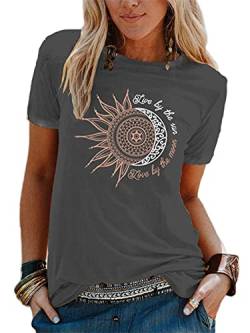 Abtel Sommer Damen T-Shirt Sunflower Moon Sun Printed Muster Kurzarm Rundhals Basic Lose Damen Rundhals Casual Top S 2# dunkelgrau von Abtel