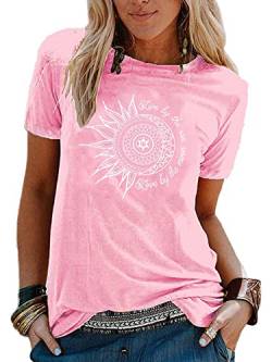 Abtel Sommer Damen T-Shirt Sunflower Print Muster Tshirt Kurzarm Shirt Rundhals Basic T Shirt Lose T-Shirts Casual Top Rosa 3XL von Abtel