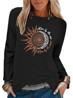 Abtel Tshirt Damen Oberteile Elegant Long Sleeve Crop Tops Casual Langarmshirt Sunflower Drucken Longshirt Tops Sporttop Schwarz 3XL von Abtel