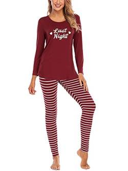 Schlafanzug Damen Lang Baumwolle Pyjama Damen Set Oberteile & Pyjamahosen Sleepwear Set Women Langarm Rundhalsausschnitt mit Streifen Hose L Rotwein von Abtel