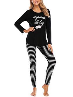 Schlafanzug Damen Lang Baumwolle Pyjama Damen Set Oberteile & Pyjamahosen Sleepwear Set Women Langarm Rundhalsausschnitt mit Streifen Hose XL Schwarz von Abtel